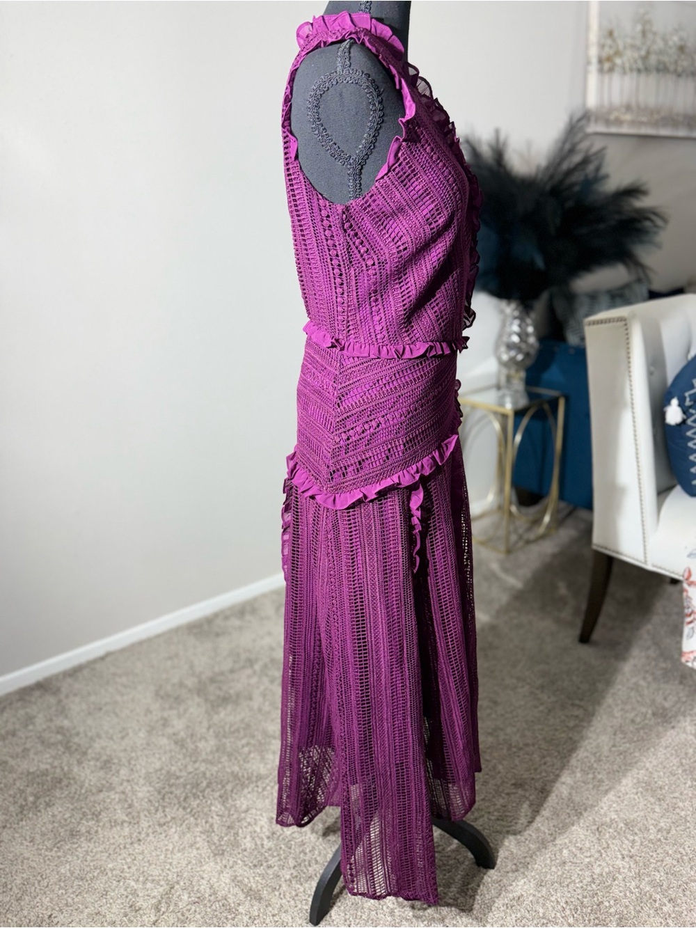 Sundance Boho Purple Crochet Lace Ruffle Midi Dress⁠  size Small - Picture 4 of 9